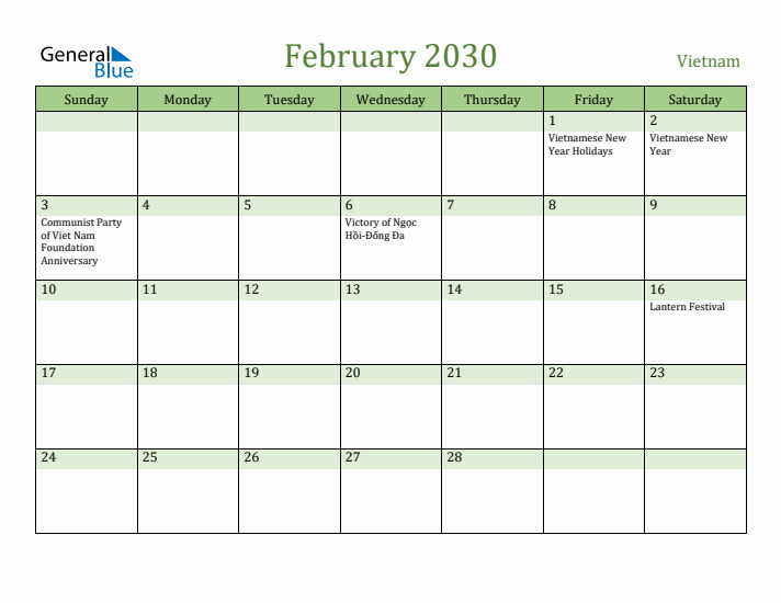 February 2030 Calendar with Vietnam Holidays