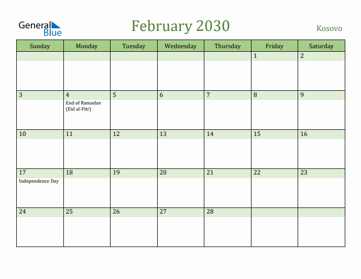 February 2030 Calendar with Kosovo Holidays