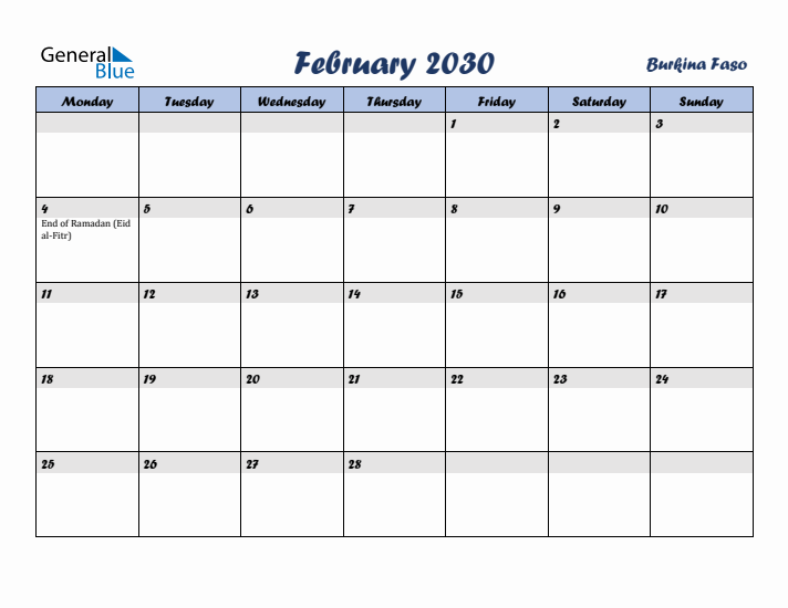 February 2030 Calendar with Holidays in Burkina Faso