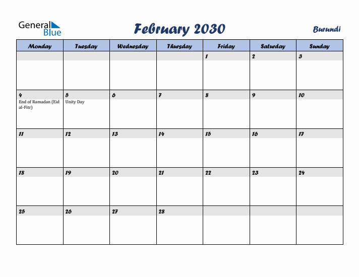 February 2030 Calendar with Holidays in Burundi