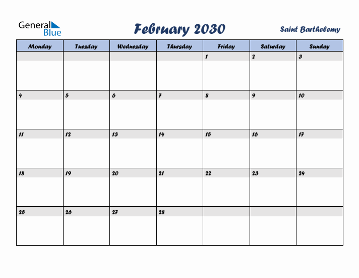 February 2030 Calendar with Holidays in Saint Barthelemy