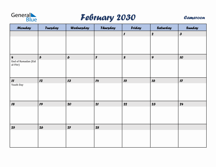 February 2030 Calendar with Holidays in Cameroon