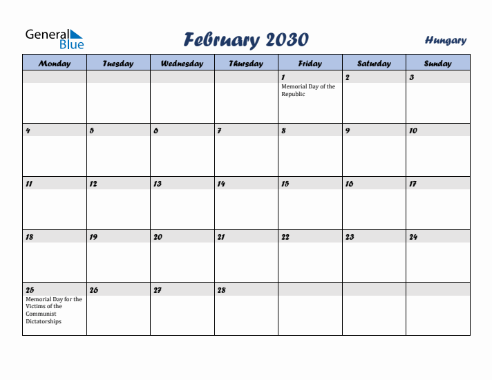 February 2030 Calendar with Holidays in Hungary