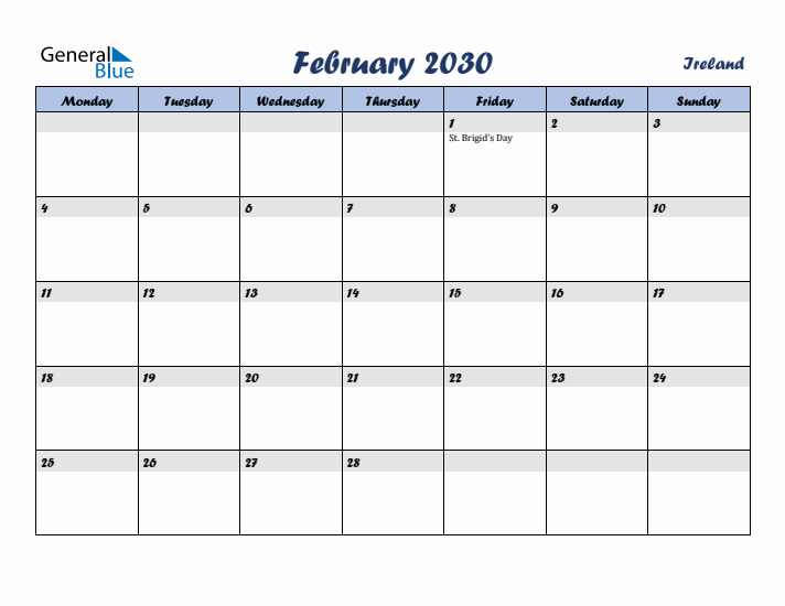 February 2030 Calendar with Holidays in Ireland