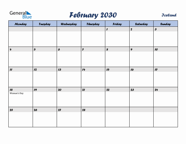 February 2030 Calendar with Holidays in Iceland