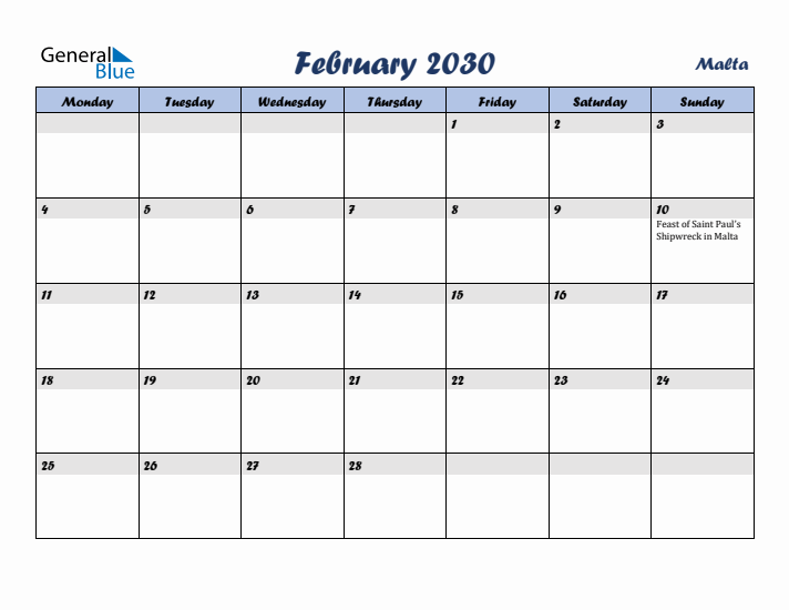 February 2030 Calendar with Holidays in Malta