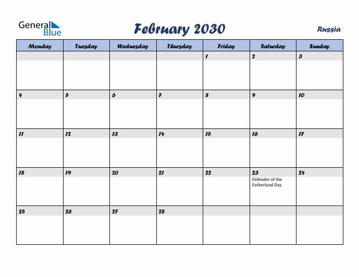 February 2030 Calendar with Holidays in Russia