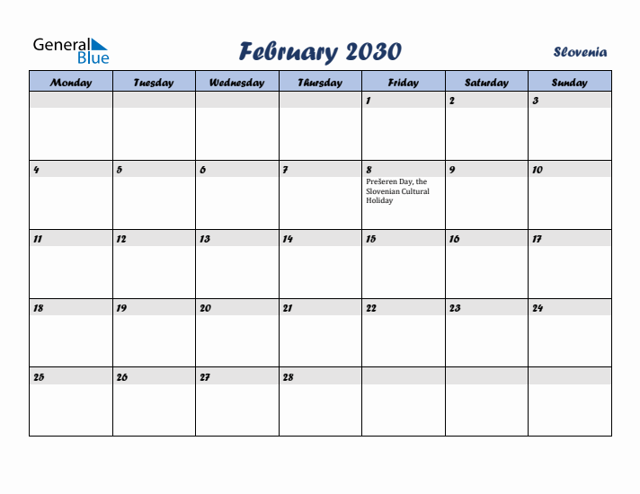 February 2030 Calendar with Holidays in Slovenia