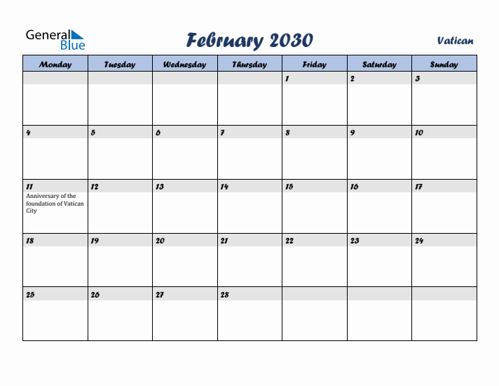 February 2030 Calendar with Holidays in Vatican