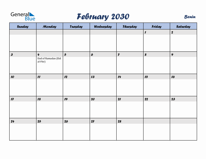 February 2030 Calendar with Holidays in Benin