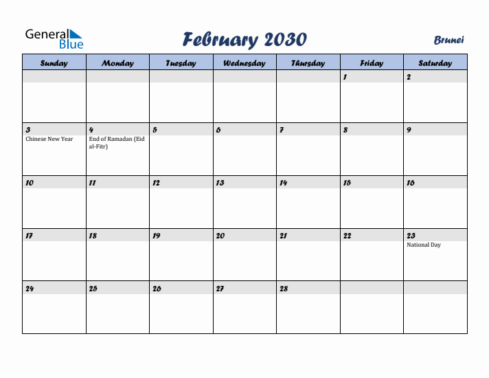 February 2030 Calendar with Holidays in Brunei