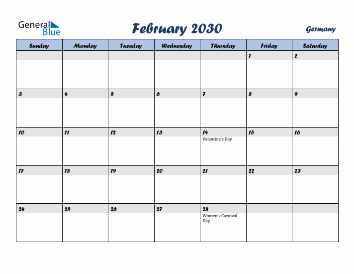 February 2030 Calendar with Holidays in Germany