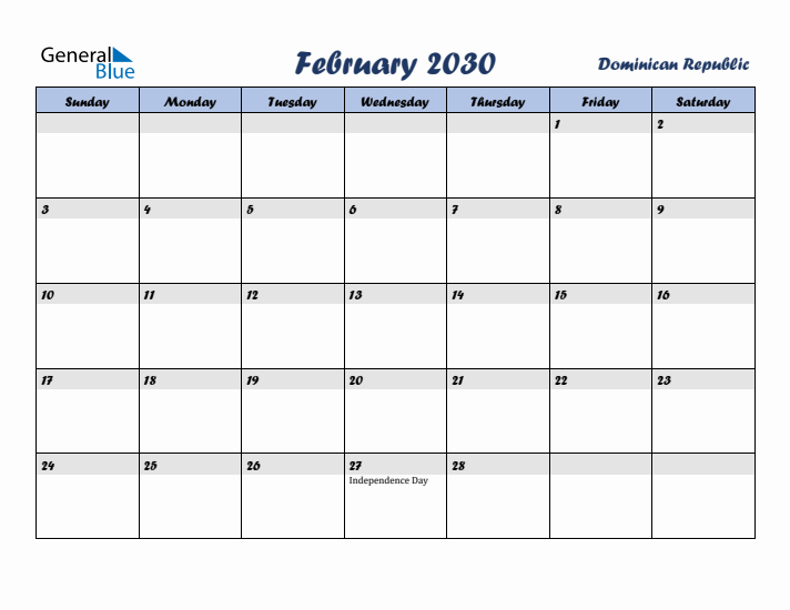 February 2030 Calendar with Holidays in Dominican Republic