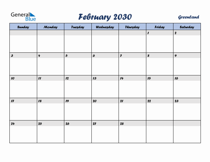 February 2030 Calendar with Holidays in Greenland