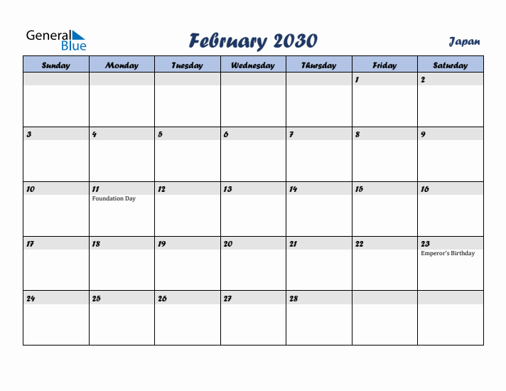 February 2030 Calendar with Holidays in Japan