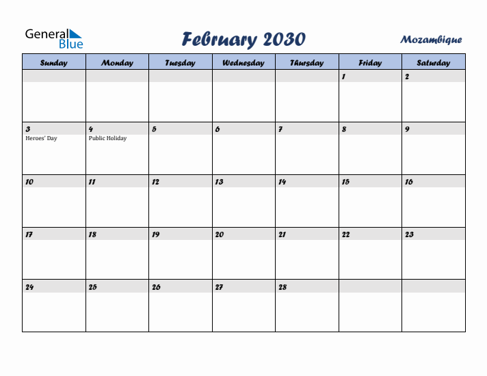 February 2030 Calendar with Holidays in Mozambique