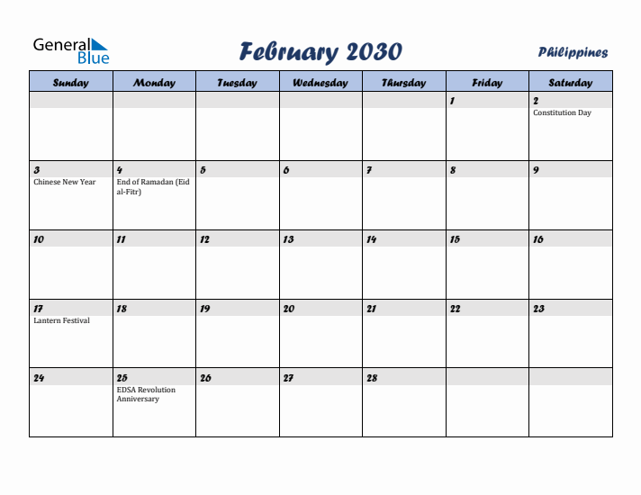 February 2030 Calendar with Holidays in Philippines