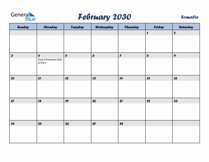 February 2030 Calendar with Holidays in Somalia