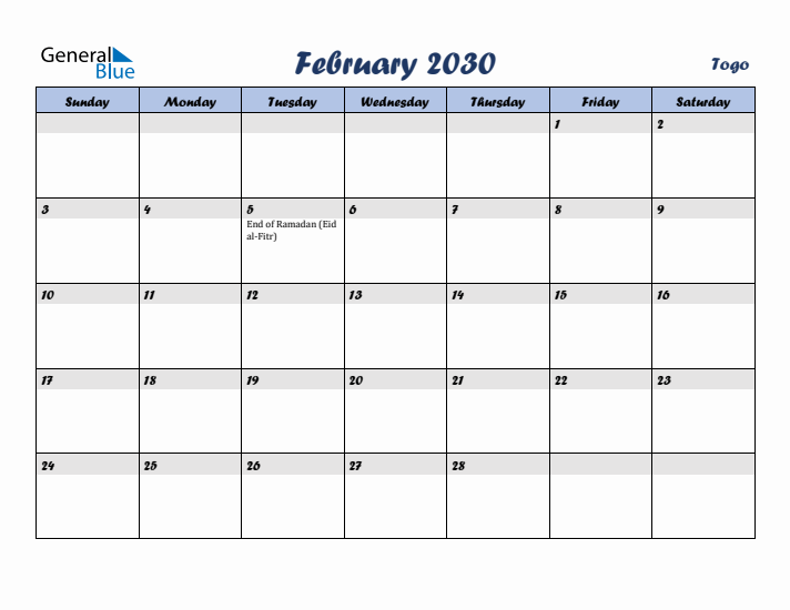 February 2030 Calendar with Holidays in Togo