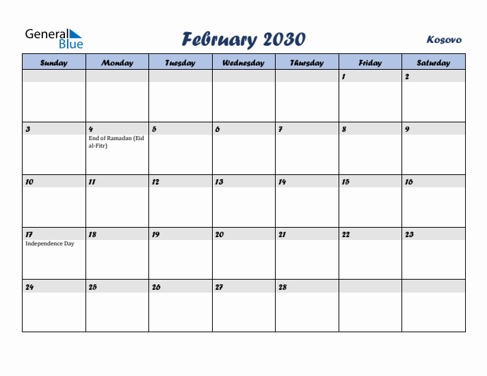 February 2030 Calendar with Holidays in Kosovo