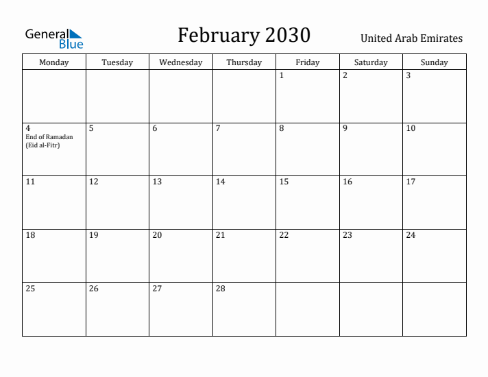 February 2030 Calendar United Arab Emirates