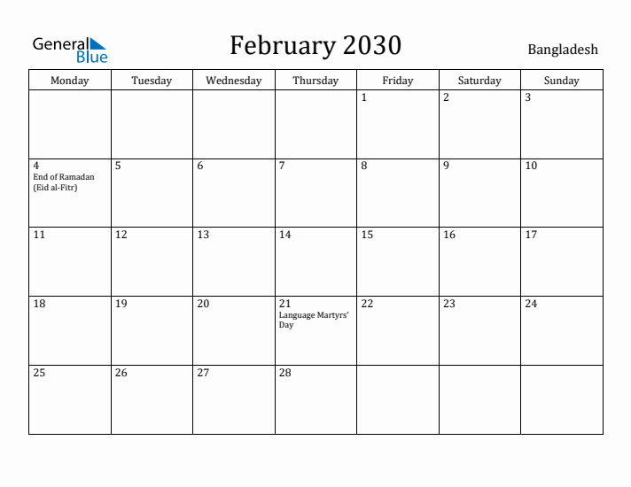 February 2030 Calendar Bangladesh