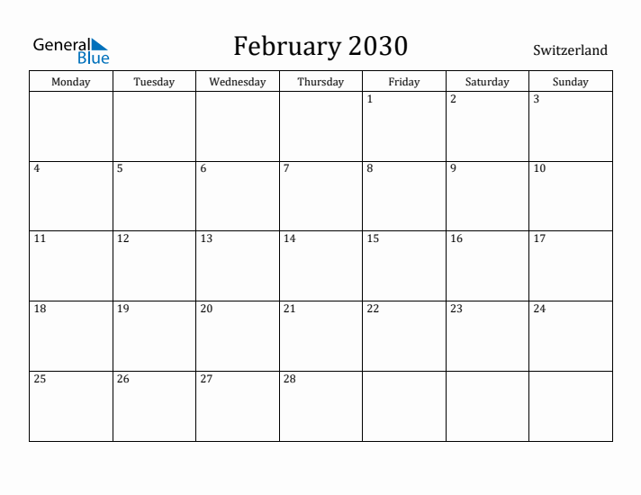 February 2030 Calendar Switzerland