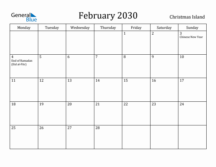 February 2030 Calendar Christmas Island