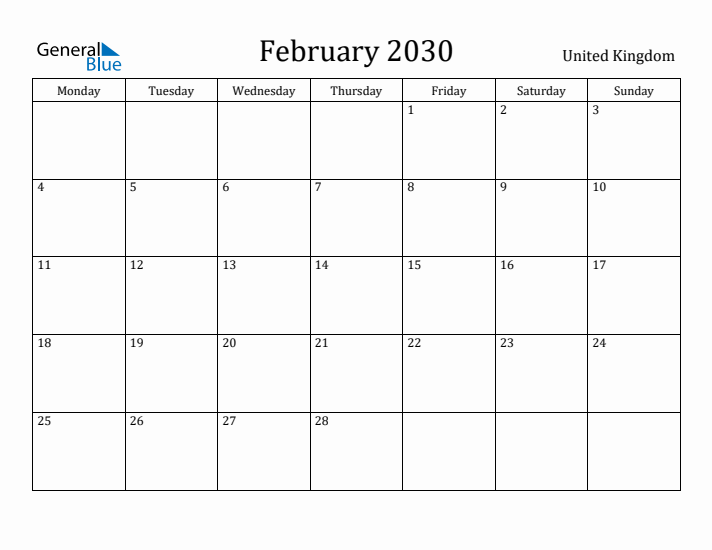 February 2030 Calendar United Kingdom