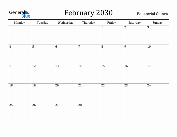 February 2030 Calendar Equatorial Guinea