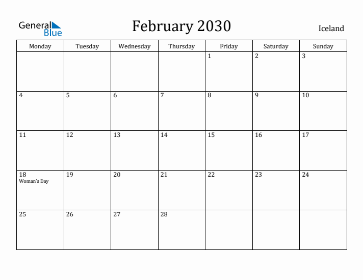 February 2030 Calendar Iceland