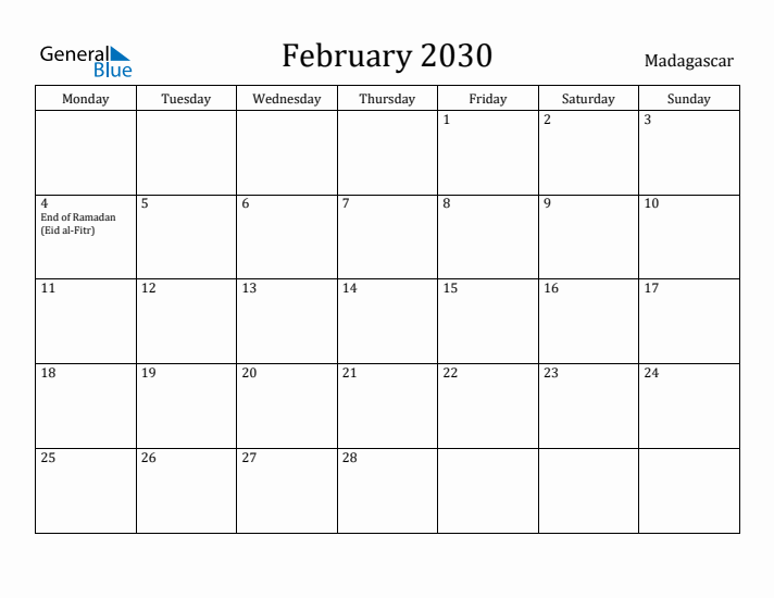 February 2030 Calendar Madagascar