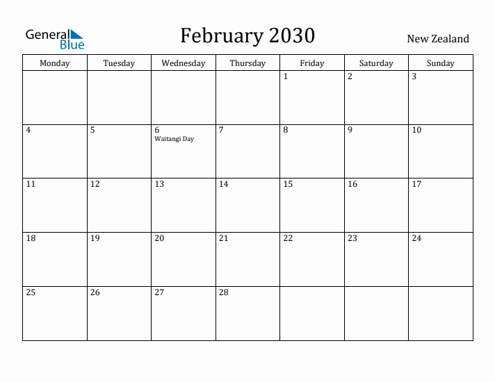 February 2030 Calendar New Zealand