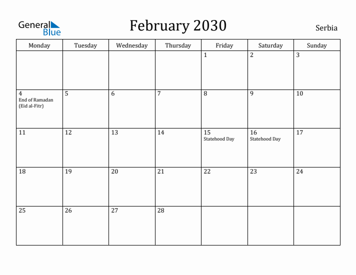 February 2030 Calendar Serbia