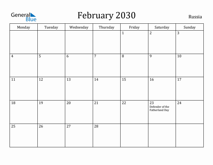 February 2030 Calendar Russia