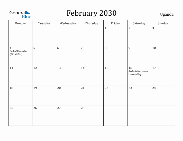 February 2030 Calendar Uganda