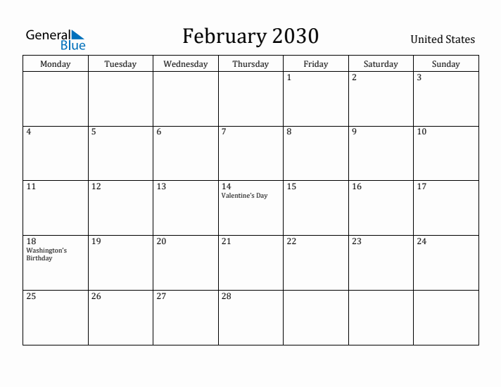 February 2030 Calendar United States