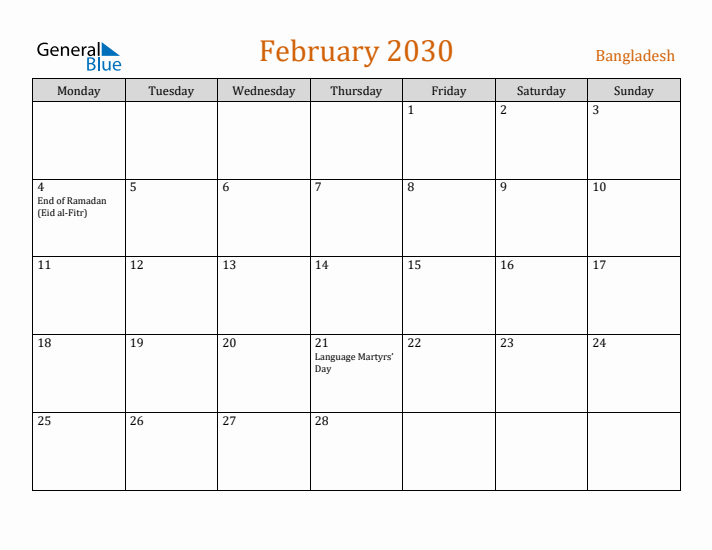 February 2030 Holiday Calendar with Monday Start