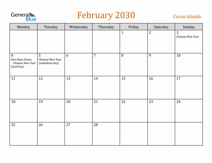 February 2030 Holiday Calendar with Monday Start