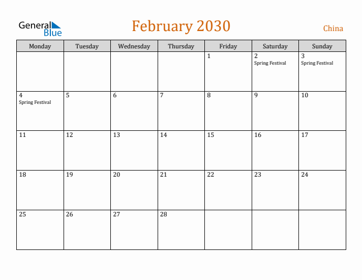 February 2030 Holiday Calendar with Monday Start