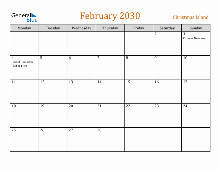 February 2030 Holiday Calendar with Monday Start