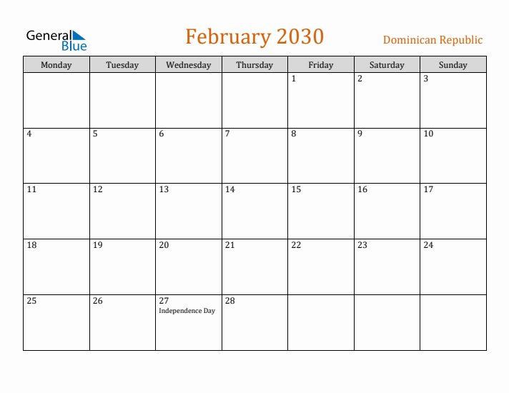 February 2030 Holiday Calendar with Monday Start