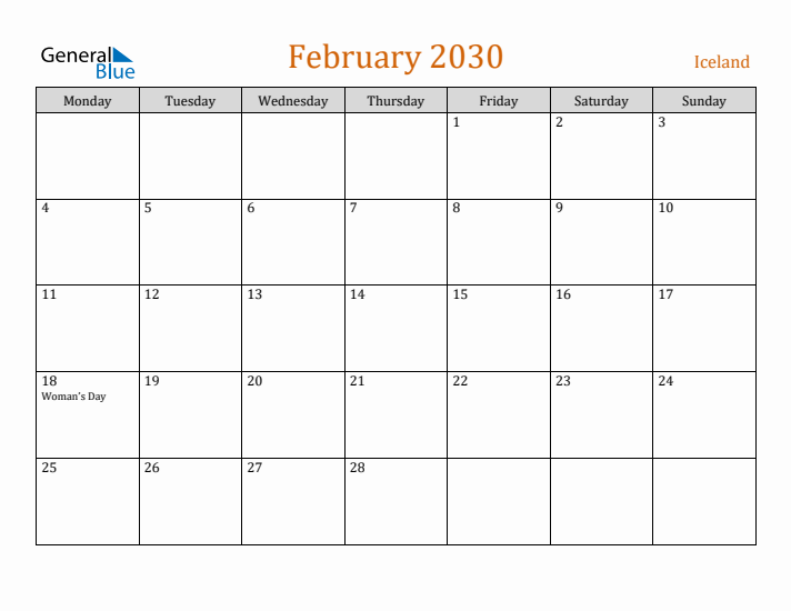 February 2030 Holiday Calendar with Monday Start