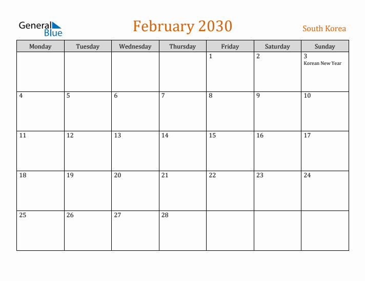 February 2030 Holiday Calendar with Monday Start