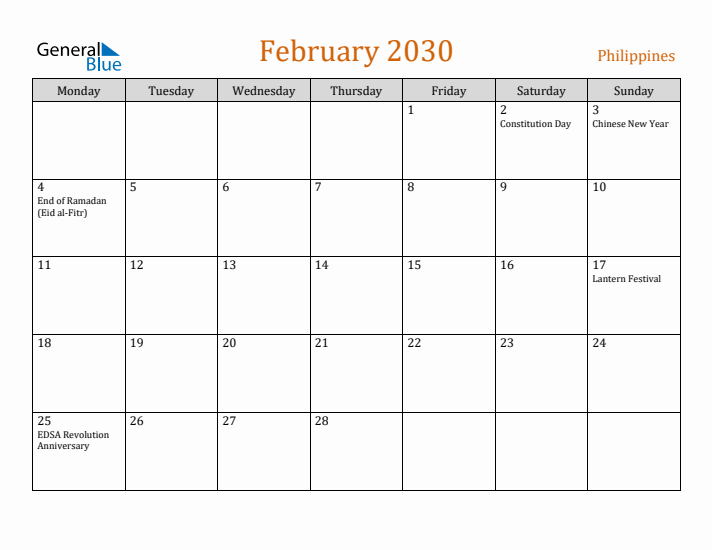 February 2030 Holiday Calendar with Monday Start