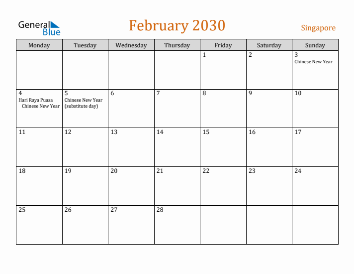 February 2030 Holiday Calendar with Monday Start