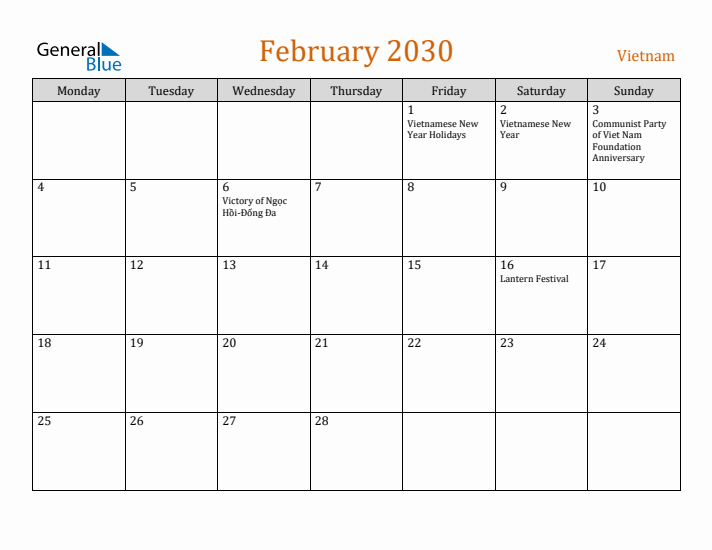 February 2030 Holiday Calendar with Monday Start