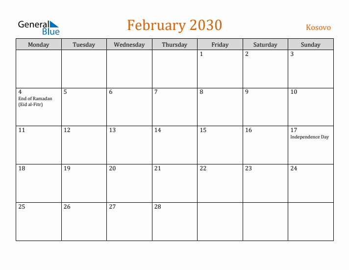 February 2030 Holiday Calendar with Monday Start