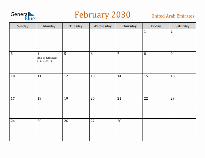 February 2030 Holiday Calendar with Sunday Start