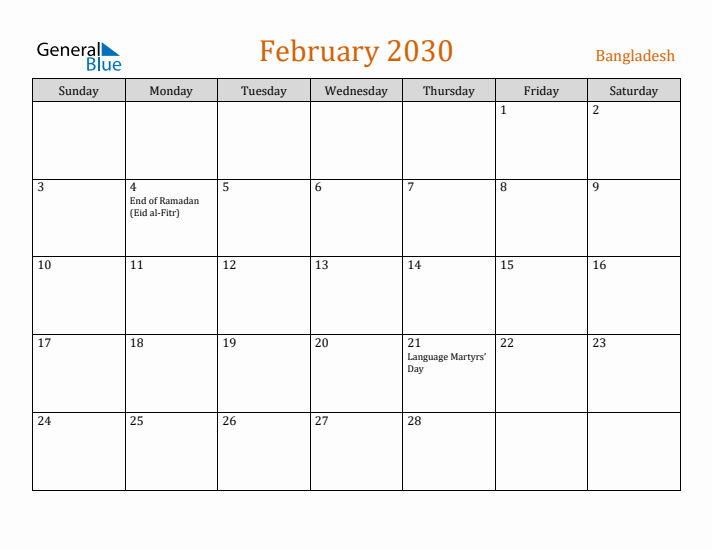 February 2030 Holiday Calendar with Sunday Start